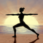 Warrior pose on sunset beach.
