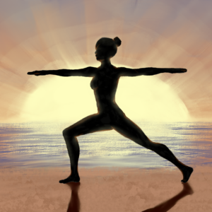 Warrior pose on sunset beach.
